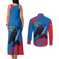 Mongolia Couples Matching Tank Maxi Dress and Long Sleeve Button Shirt with Eagle Strong Wild Free Red Blue Brush Spirit