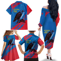 Mongolia Family Matching Off The Shoulder Long Sleeve Dress and Hawaiian Shirt with Eagle Strong Wild Free Red Blue Brush Spirit