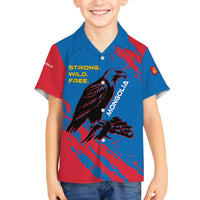 Mongolia Family Matching Off The Shoulder Long Sleeve Dress and Hawaiian Shirt with Eagle Strong Wild Free Red Blue Brush Spirit