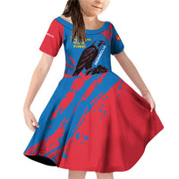 Mongolia Family Matching Off Shoulder Short Dress and Hawaiian Shirt with Eagle Strong Wild Free Red Blue Brush Spirit