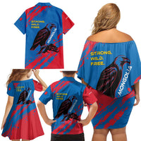 Mongolia Family Matching Off Shoulder Short Dress and Hawaiian Shirt with Eagle Strong Wild Free Red Blue Brush Spirit