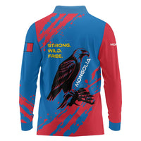 Mongolia Long Sleeve Polo Shirt with Eagle Strong Wild Free Red Blue Brush Spirit
