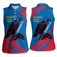 Mongolia Women Sleeveless Polo Shirt with Eagle Strong Wild Free Red Blue Brush Spirit