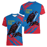 Mongolia Women V-Neck T-Shirt with Eagle Strong Wild Free Red Blue Brush Spirit