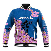 Mongolia Baseball Jacket with Floral Wolf Pink Blossom Blue Sky Spirit
