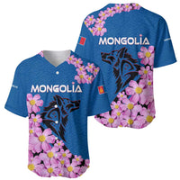 Mongolia Baseball Jersey with Floral Wolf Pink Blossom Blue Sky Spirit