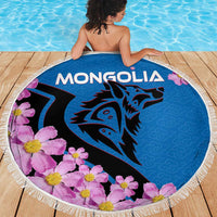 Mongolia Beach Blanket with Floral Wolf Pink Blossom Blue Sky Spirit