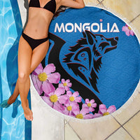 Mongolia Beach Blanket with Floral Wolf Pink Blossom Blue Sky Spirit