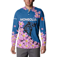 Mongolia Button Sweatshirt with Floral Wolf Pink Blossom Blue Sky Spirit