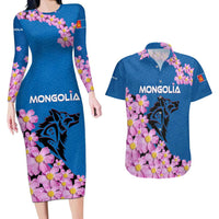 Mongolia Couples Matching Long Sleeve Bodycon Dress and Hawaiian Shirt with Floral Wolf Pink Blossom Blue Sky Spirit
