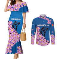 Mongolia Couples Matching Mermaid Dress and Long Sleeve Button Shirt with Floral Wolf Pink Blossom Blue Sky Spirit
