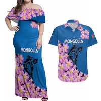Mongolia Couples Matching Off Shoulder Maxi Dress and Hawaiian Shirt with Floral Wolf Pink Blossom Blue Sky Spirit