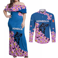Mongolia Couples Matching Off Shoulder Maxi Dress and Long Sleeve Button Shirt with Floral Wolf Pink Blossom Blue Sky Spirit