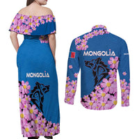 Mongolia Couples Matching Off Shoulder Maxi Dress and Long Sleeve Button Shirt with Floral Wolf Pink Blossom Blue Sky Spirit