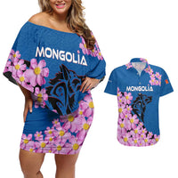Mongolia Couples Matching Off Shoulder Short Dress and Hawaiian Shirt with Floral Wolf Pink Blossom Blue Sky Spirit