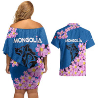 Mongolia Couples Matching Off Shoulder Short Dress and Hawaiian Shirt with Floral Wolf Pink Blossom Blue Sky Spirit