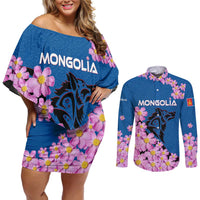 Mongolia Couples Matching Off Shoulder Short Dress and Long Sleeve Button Shirt with Floral Wolf Pink Blossom Blue Sky Spirit