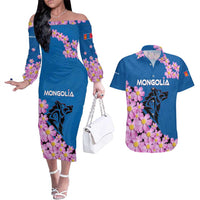 Mongolia Couples Matching Off The Shoulder Long Sleeve Dress and Hawaiian Shirt with Floral Wolf Pink Blossom Blue Sky Spirit