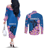 Mongolia Couples Matching Off The Shoulder Long Sleeve Dress and Long Sleeve Button Shirt with Floral Wolf Pink Blossom Blue Sky Spirit