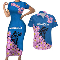Mongolia Couples Matching Short Sleeve Bodycon Dress and Hawaiian Shirt with Floral Wolf Pink Blossom Blue Sky Spirit
