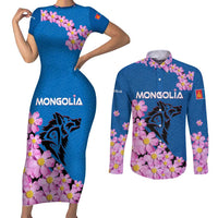 Mongolia Couples Matching Short Sleeve Bodycon Dress and Long Sleeve Button Shirt with Floral Wolf Pink Blossom Blue Sky Spirit