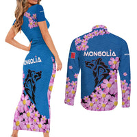 Mongolia Couples Matching Short Sleeve Bodycon Dress and Long Sleeve Button Shirt with Floral Wolf Pink Blossom Blue Sky Spirit