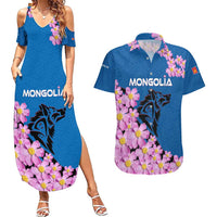 Mongolia Couples Matching Summer Maxi Dress and Hawaiian Shirt with Floral Wolf Pink Blossom Blue Sky Spirit