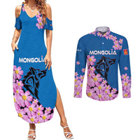 Mongolia Couples Matching Summer Maxi Dress and Long Sleeve Button Shirt with Floral Wolf Pink Blossom Blue Sky Spirit