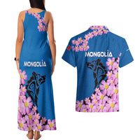 Mongolia Couples Matching Tank Maxi Dress and Hawaiian Shirt with Floral Wolf Pink Blossom Blue Sky Spirit