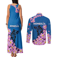 Mongolia Couples Matching Tank Maxi Dress and Long Sleeve Button Shirt with Floral Wolf Pink Blossom Blue Sky Spirit