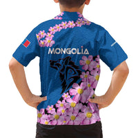 Mongolia Family Matching Long Sleeve Bodycon Dress and Hawaiian Shirt with Floral Wolf Pink Blossom Blue Sky Spirit