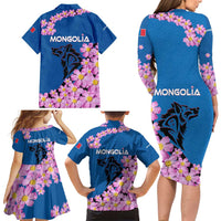 Mongolia Family Matching Long Sleeve Bodycon Dress and Hawaiian Shirt with Floral Wolf Pink Blossom Blue Sky Spirit