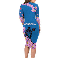 Mongolia Family Matching Long Sleeve Bodycon Dress and Hawaiian Shirt with Floral Wolf Pink Blossom Blue Sky Spirit