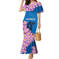 Mongolia Family Matching Mermaid Dress and Hawaiian Shirt with Floral Wolf Pink Blossom Blue Sky Spirit