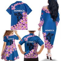 Mongolia Family Matching Off The Shoulder Long Sleeve Dress and Hawaiian Shirt with Floral Wolf Pink Blossom Blue Sky Spirit
