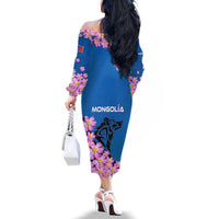 Mongolia Family Matching Off The Shoulder Long Sleeve Dress and Hawaiian Shirt with Floral Wolf Pink Blossom Blue Sky Spirit