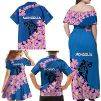 Mongolia Family Matching Off Shoulder Maxi Dress and Hawaiian Shirt with Floral Wolf Pink Blossom Blue Sky Spirit