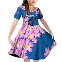 Mongolia Family Matching Off Shoulder Short Dress and Hawaiian Shirt with Floral Wolf Pink Blossom Blue Sky Spirit