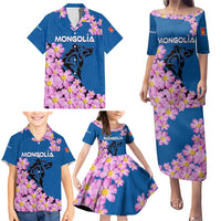 Mongolia Family Matching Puletasi and Hawaiian Shirt with Floral Wolf Pink Blossom Blue Sky Spirit