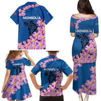 Mongolia Family Matching Puletasi and Hawaiian Shirt with Floral Wolf Pink Blossom Blue Sky Spirit