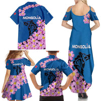 Mongolia Family Matching Summer Maxi Dress and Hawaiian Shirt with Floral Wolf Pink Blossom Blue Sky Spirit