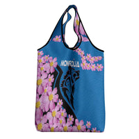 Mongolia Grocery Bag with Floral Wolf Pink Blossom Blue Sky Spirit