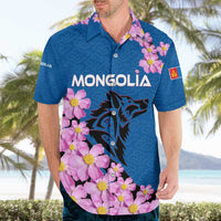 Mongolia Hawaiian Shirt with Floral Wolf Pink Blossom Blue Sky Spirit