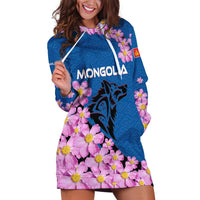 Mongolia Hoodie Dress with Floral Wolf Pink Blossom Blue Sky Spirit