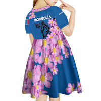 Mongolia Kid Short Sleeve Dress with Floral Wolf Pink Blossom Blue Sky Spirit