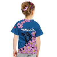 Mongolia Kid T Shirt with Floral Wolf Pink Blossom Blue Sky Spirit