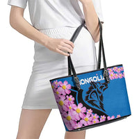 Mongolia Leather Tote Bag with Floral Wolf Pink Blossom Blue Sky Spirit