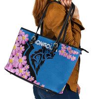 Mongolia Leather Tote Bag with Floral Wolf Pink Blossom Blue Sky Spirit