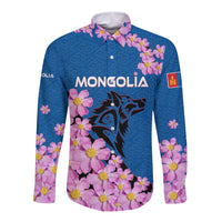 Mongolia Long Sleeve Button Shirt with Floral Wolf Pink Blossom Blue Sky Spirit