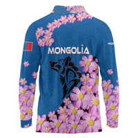 Mongolia Long Sleeve Polo Shirt with Floral Wolf Pink Blossom Blue Sky Spirit